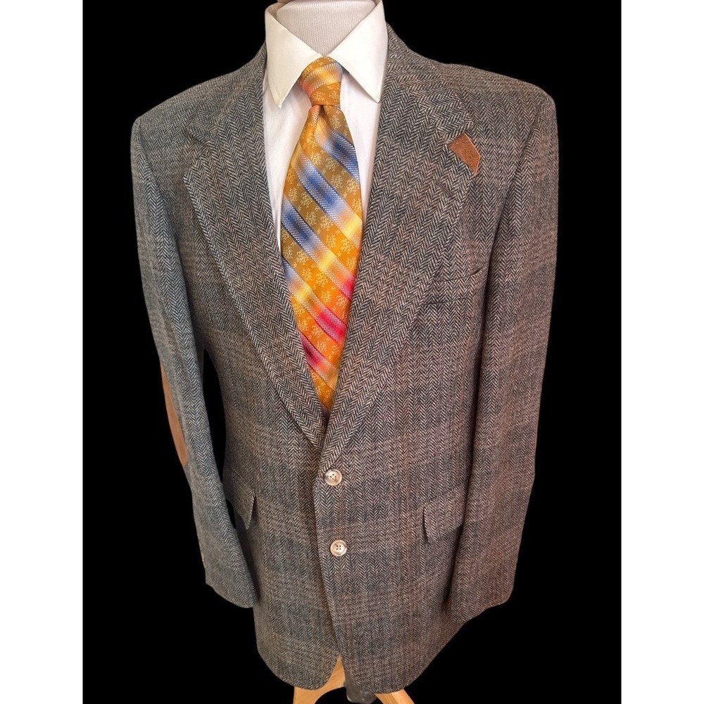 Evan Picone 44L Brown Multi Color Wool Tweed Herringbone Jacket ELBOW PATCHES - Picture 1 of 14